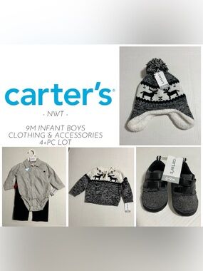 🆕CARTER’S - 9M - NWT - 4+PCS - INFANT BOYS MOOSE KNIT CLOTHING & ACCESSORIES LOT